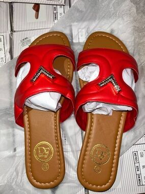Women’s Red Slide Sandals with Crystal Accent